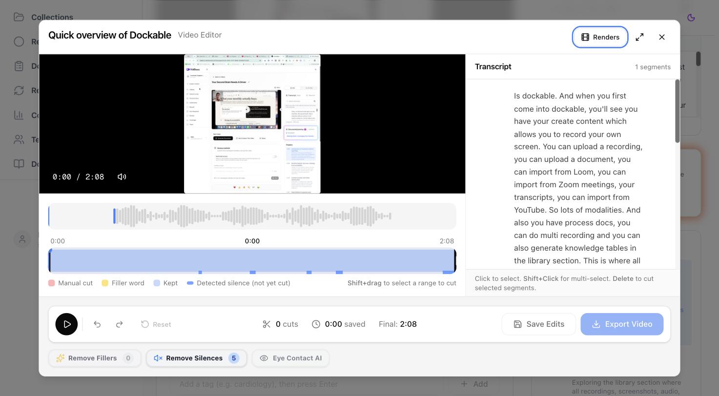 The video editor, with timeline, transcript, and cut controls