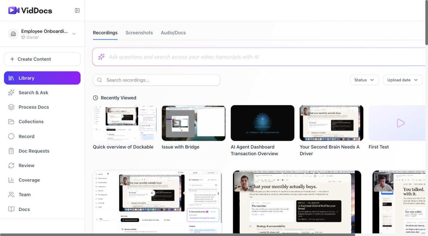 The Library, showing recently viewed videos