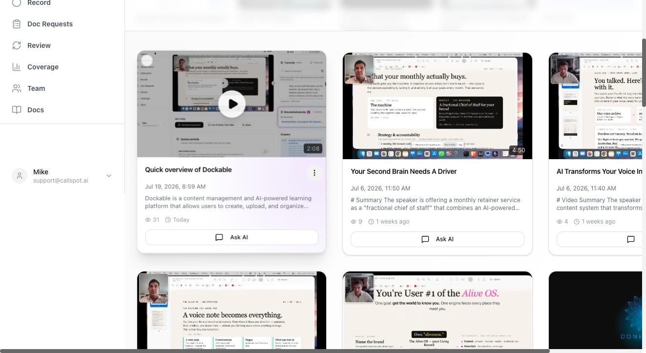Library cards showing thumbnails, titles, and Ask AI